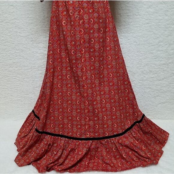𝅺RARE Vintage 1970s Rags Red Paisley Velvet Cottagecore Victorian Prairie Dress - Picture 15 of 16